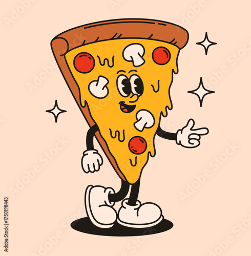 Groovy pizza mushroom character. Flat vector illustration.