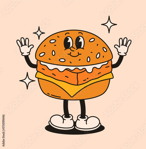 Groovy fish burger character. Flat vector illustration.