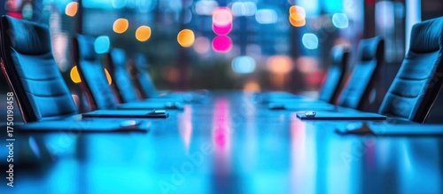 An empty boardroom table with leather chairs against a blurred city skyline