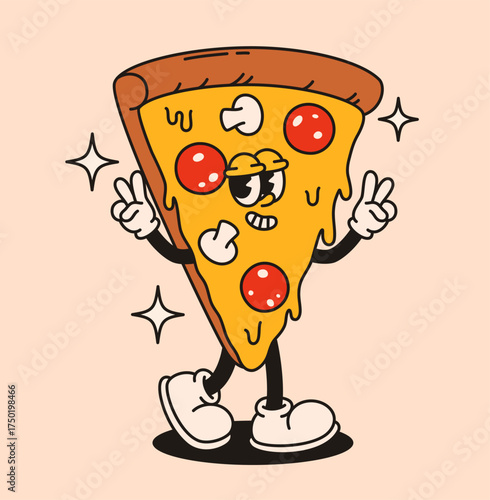 Groovy pizza mushroom character in retro style. Flat vector illustration.