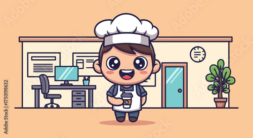 Smiling chef-like figure in an office holding a coffee cup