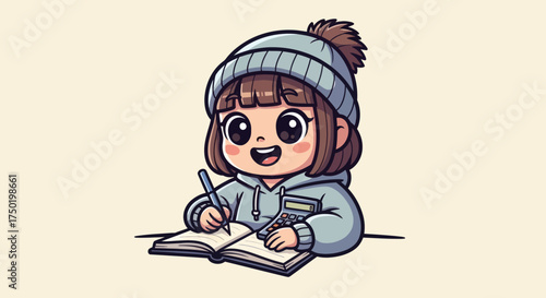 Cartoon girl studying with a book and calculator, wearing a beanie