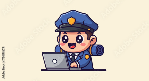 Cartoon cop using a laptop