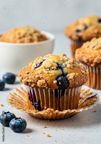 A warm, freshly baked blueberry muffin, golden brown with a crumble topping, bursting with juicy blueberries, ready for a delicious breakfast treat ,brown ,yummy ,delicious