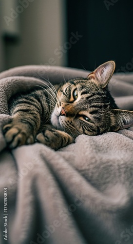 A cozy feline snuggles contentedly on a soft, plush blanket, creating a heartwarming scene of pure relaxation and comfort at home ,adorable ,snuggle ,relaxation