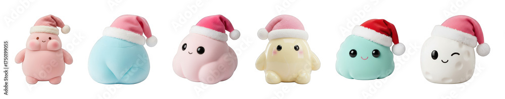 Fototapeta premium Cute Christmas characters set including varied pastel colors and expressions wearing Santa hats isolated. Festive holiday collection.