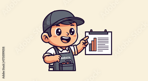 Cartoon barista presents a bar graph on a clipboard