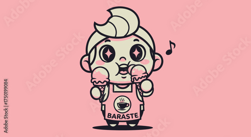 Cartoon barista with ice cream on pink