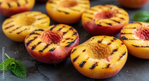 Sweet, juicy peach halves perfectly grilled, showcasing beautiful caramelization and smoky char marks, ideal for a summer treat ,peach ,fresh ,sweet
