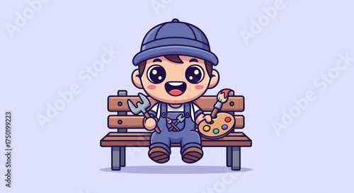Cute cartoon artist sits on a bench