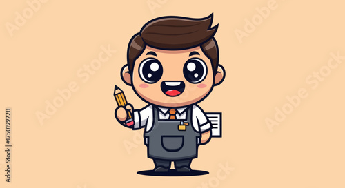 Cartoon of a smiling person in overalls holding pencil and notepad