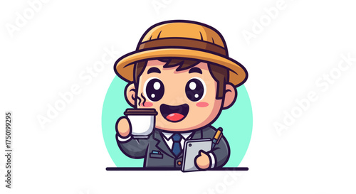 Cartoon person in a hat holding coffee and tablet