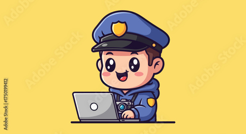Cartoon policeman working on laptop