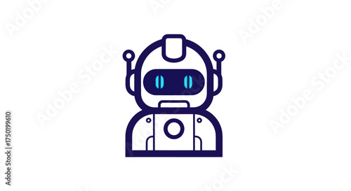 Line-art robot, head and upper body, blue eyes, isolated on white