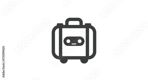 Dark grey luggage on wheels with a face icon in the center