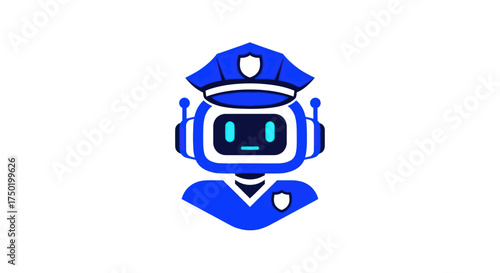 Blue cartoon robot police officer with badge and hat on white