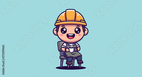 Cartoon worker with hardhat, smiling and holding coffee