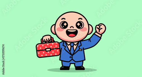 Cartoon man in blue suit holds polka-dotted briefcase, fist raised