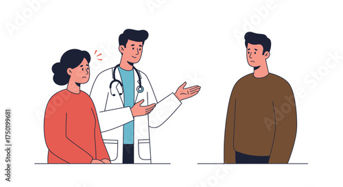 Caring doctor consulting with worried patients, offering support and medical advice, symbolizing healthcare, empathy, and professional medical service in modern clinic