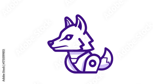 Purple outline of a robotic wolf with a round joint on white