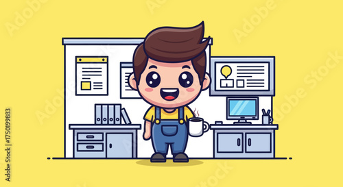 Cartoon boy in overalls smiles, holding mug in office setting