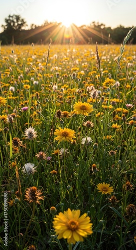 Vibrant field of diverse wildflowers blooming under a warm sun, showcasing nature's untamed beauty and delicate artistry ,countryside ,peaceful ,sunshine