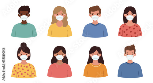 Diverse group wearing masks for health and safety, perfect for illustrating pandemic awareness and protection, originally a scalable vector graphic