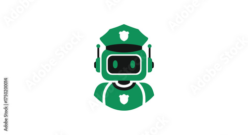 Cartoon of green robot police officer on a white background