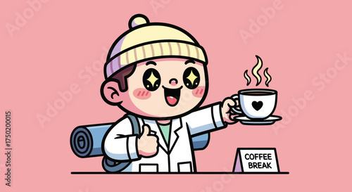 Cartoon person with coffee and mat