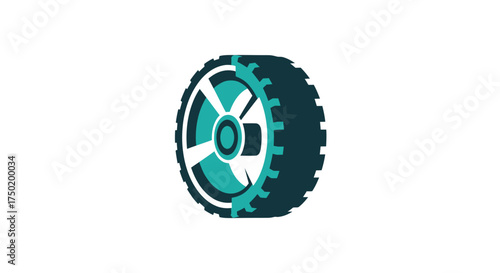 Stylized tire, teal & black, with a rim containing angled spokes, on a white background