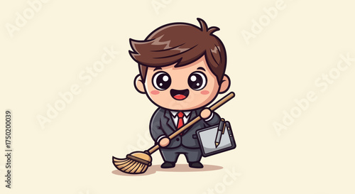 Smiling chibi businessman carrying broom & digital tablet