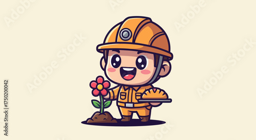 Cartoon builder planting flower