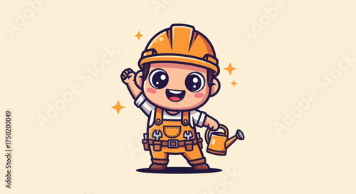 Cartoon construction worker with watering can waves on cream backdrop