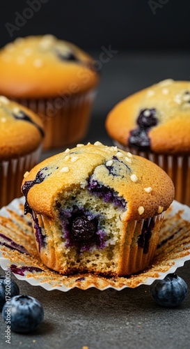 A close-up of fluffy blueberry muffins featuring a delightful golden crust and bursts of sweet, ripe blueberries, inviting a delicious bite ,fresh ,berries ,baked goods