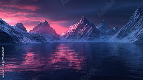 3D hyper-realistic mountain close-up with sharp edges, dark blue sky and sunset on water
