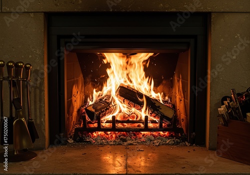 A glowing hearth filled with burning logs emanates warmth, casting a comforting ambiance that evokes pure, natural happiness and contentment ,indoors ,comfort ,winter
