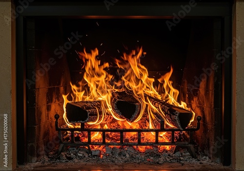 A mesmerizing blaze of burning logs fills an antique fireplace, offering comforting warmth and a quintessential home feeling ,glow ,evening ,relaxation