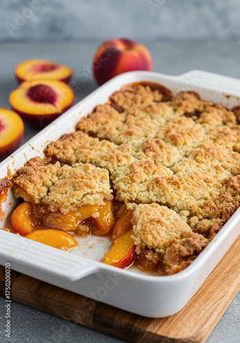 Warm, rustic peach cobbler with a golden, crumbly topping, showcasing juicy, baked fruit, perfect for a cozy dessert ,comfort dessert ,cobbler ,cooked