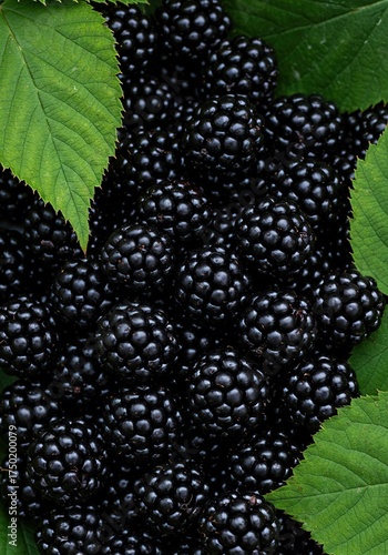 Capturing the exquisite beauty of freshly picked, dark, juicy blackberries nestled among green leaves, perfect for healthy summer treats ,fruit ,snack ,healthy