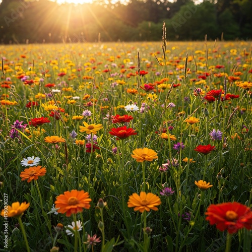 A vibrant meadow scene showcasing a diverse array of colorful wild flowers blooming naturally under warm sunlight, symbolizing nature's beauty ,botany ,green ,vibrant