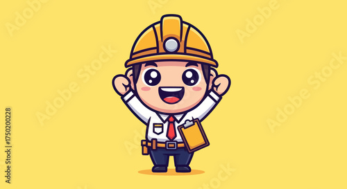 Cheerful cartoon engineer with raised arms, in a hardhat, against yellow