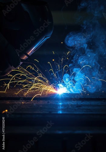 Capturing the mesmerizing electric blue light and showering sparks from a welding operation, illustrating precision and industrial craftsmanship ,workshop ,blue light ,metal