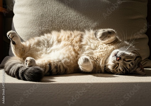 A fluffy cat is completely sprawled out, hilariously upside down and deeply asleep on a soft, sunlit cushion, radiating pure contentment ,comical ,amusing ,content