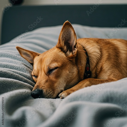 A peaceful scene of a dog enjoying a deep sleep, curled up comfortably on a soft blanket indoors, conveying pure relaxation and tranquility ,comfortable ,napping ,sweet dreams