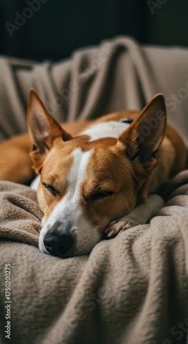 A contented canine peacefully naps on a soft blanket, embodying ultimate relaxation and comfort in a warm, serene setting ,comfortable ,innocent ,sleeping