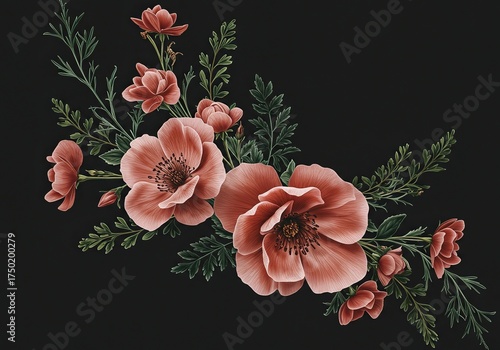 Intricate floral pattern showcasing elegant blossoms and delicate foliage, perfect for decorative backgrounds or sophisticated design elements ,ornate ,swirl ,spring