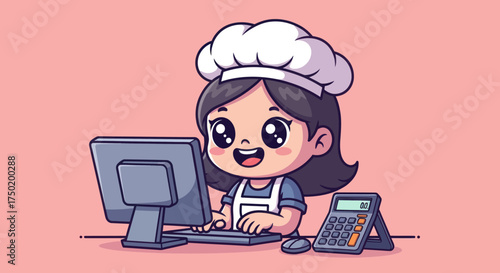 Smiling cartoon baker works at computer with calculator on pink backdrop