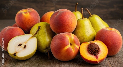 A vibrant collection of ripe peaches and succulent pears, artfully arranged on a rustic wooden surface, highlighting freshness and natural beauty ,healthy lifestyle ,natural ,colorful