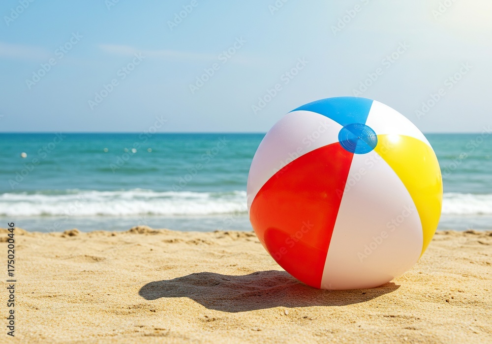 Obraz premium A vibrant beach ball rests on golden sand near the sparkling ocean, evoking summer fun and relaxation under clear skies ,idyllic ,peaceful ,playful