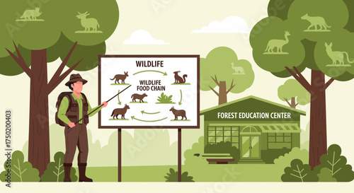 Ecology educator explaining the wildlife food chain near a forest education center